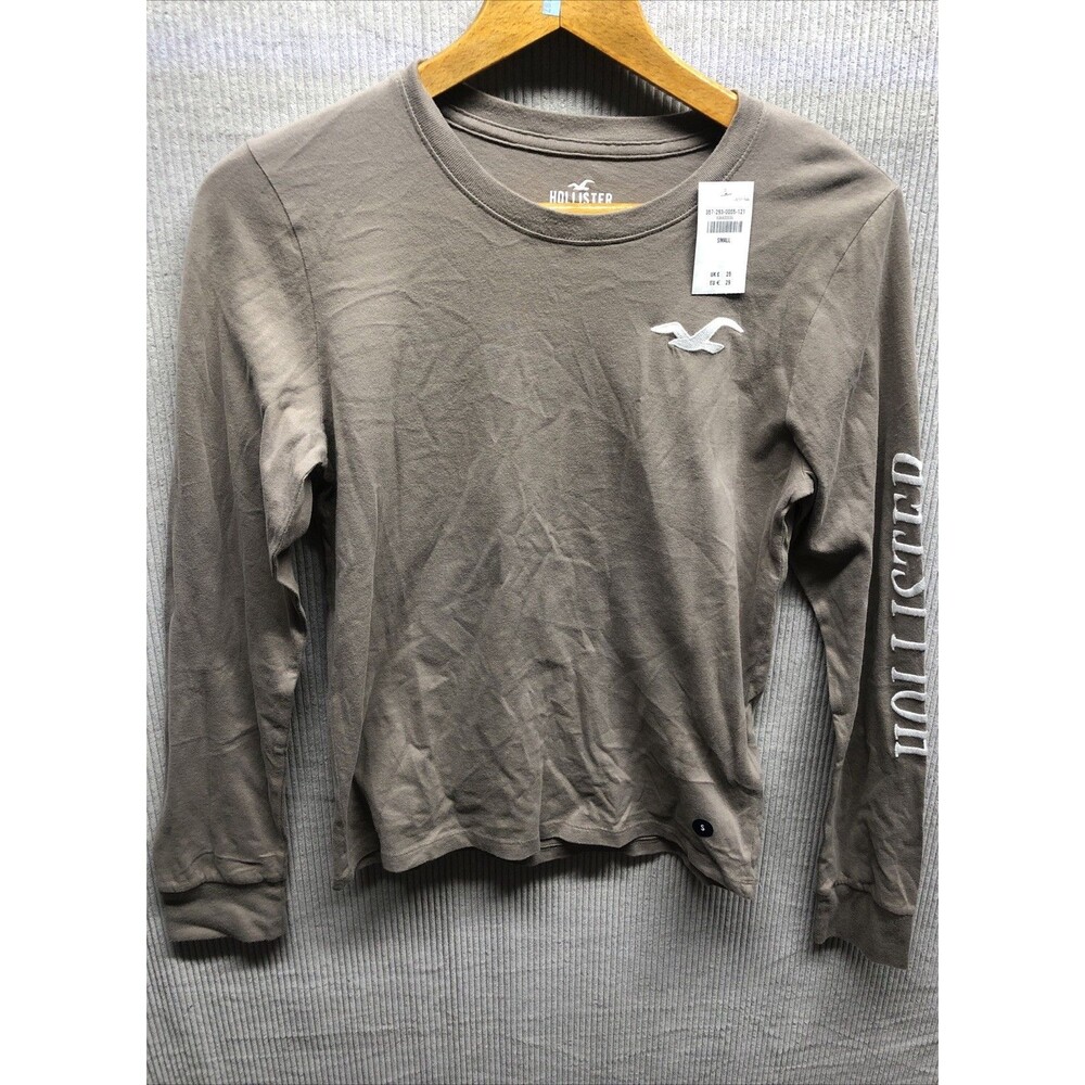 Hollister Long Sleeve Tee Shirt Size Small Gray Embroidered Sleeve Splellout NWT